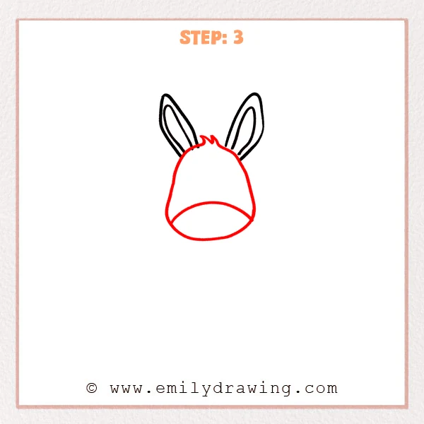 how to draw a cartoon donkey - Step 3 progression of the cartoon donkey drawing after the "build the head and muzzle" stage.