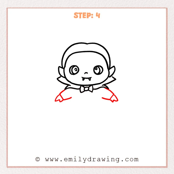how to draw a cartoon dracula - Step 4 progression of the cartoon dracula drawing after the "sketch the arms" stage.