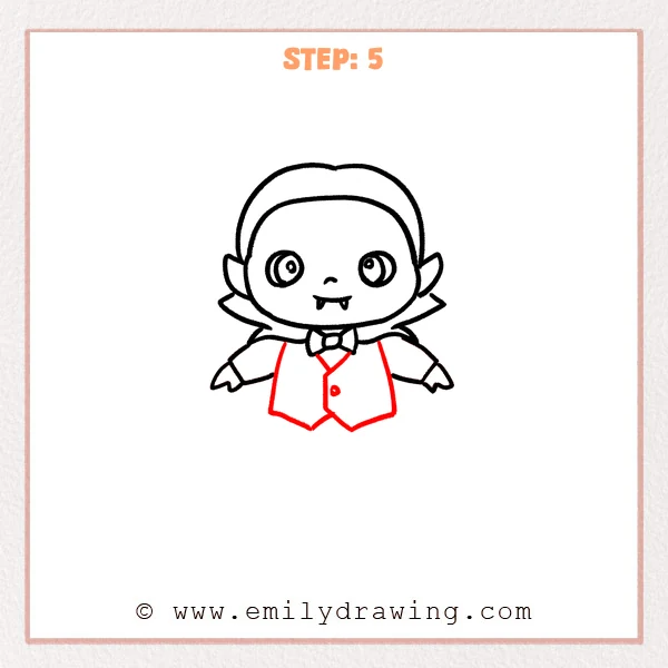 how to draw a cartoon dracula - Step 5 progression of the cartoon dracula drawing after the "add the vest" stage.
