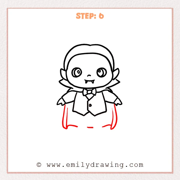 how to draw a cartoon dracula - Step 6 progression of the cartoon dracula drawing after the "outline the cape" stage.