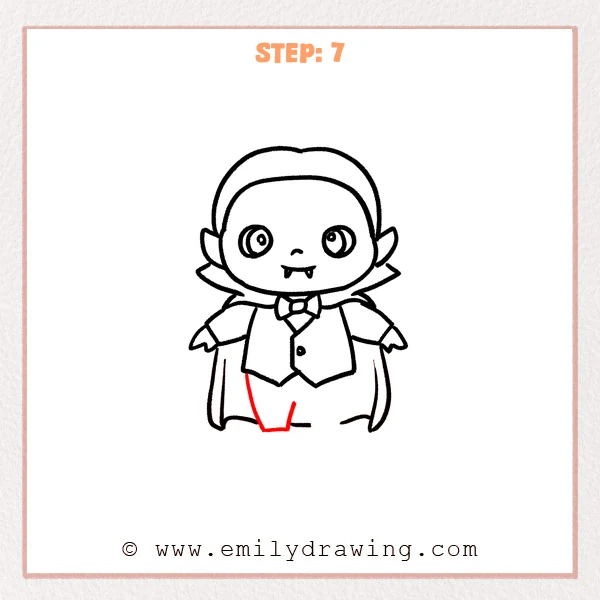 how to draw a cartoon dracula - Step 7 progression of the cartoon dracula drawing after the "draw the first leg" stage.