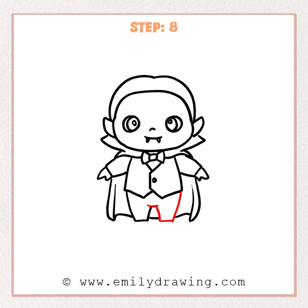 how to draw a cartoon dracula - Step 8 progression of the cartoon dracula drawing after the "draw the second leg" stage.