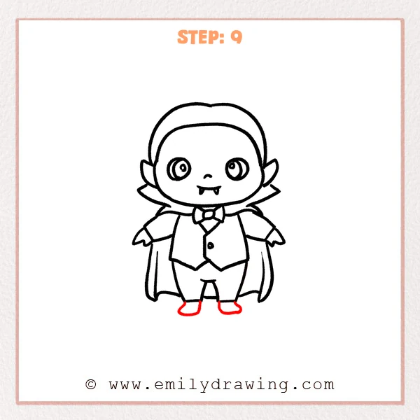 how to draw a cartoon dracula - Step 9 progression of the cartoon dracula drawing after the "finish with shoes" stage.