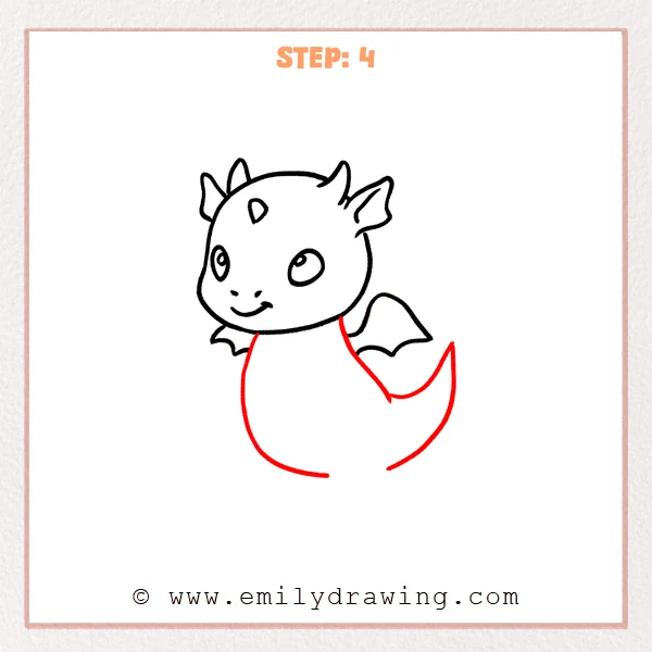 how to draw a cartoon dragon - Step 4 progression of the cartoon dragon drawing after the "build the body and tail" stage.