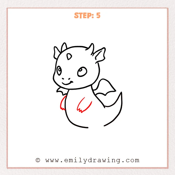 how to draw a cartoon dragon - Step 5 progression of the cartoon dragon drawing after the "add the front arms" stage.
