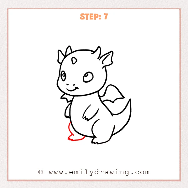 how to draw a cartoon dragon - Step 7 progression of the cartoon dragon drawing after the "draw the left foot" stage.