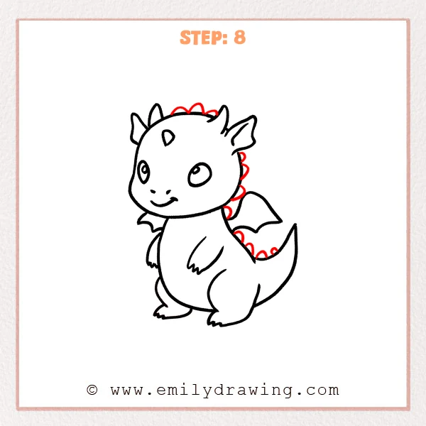how to draw a cartoon dragon - Step 8 progression of the cartoon dragon drawing after the "add the back spines" stage.