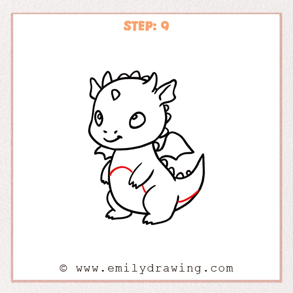 how to draw a cartoon dragon - Step 9 progression of the cartoon dragon drawing after the "finish the belly details" stage.