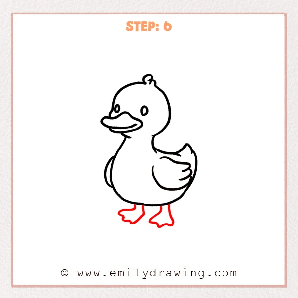 how to draw a cartoon duck - Step 6 progression of the cartoon duck drawing after the "finish with feet" stage.