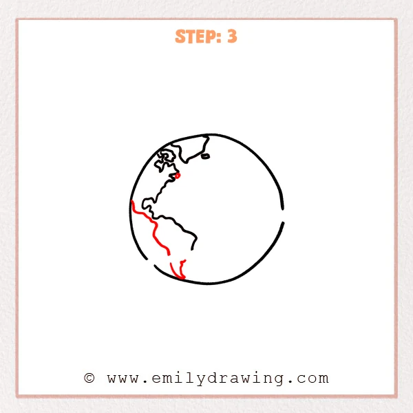 how to draw a cartoon earth - Step 3 progression of the cartoon earth drawing after the "add south america" stage.
