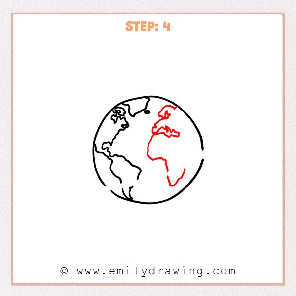how to draw a cartoon earth - Step 4 progression of the cartoon earth drawing after the "add europe and africa" stage.