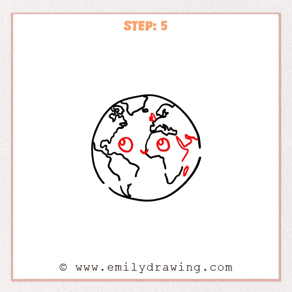 how to draw a cartoon earth - Step 5 progression of the cartoon earth drawing after the "add asia and the face" stage.