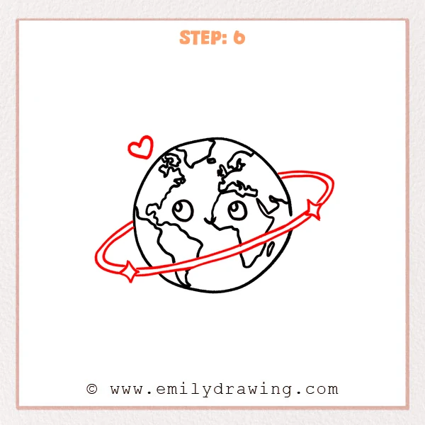 how to draw a cartoon earth - Step 6 progression of the cartoon earth drawing after the "draw the orbit and heart" stage.