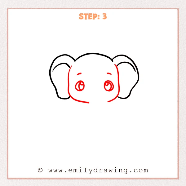 how to draw a cartoon elephant - Step 3 progression of the cartoon elephant drawing after the "build the face" stage.