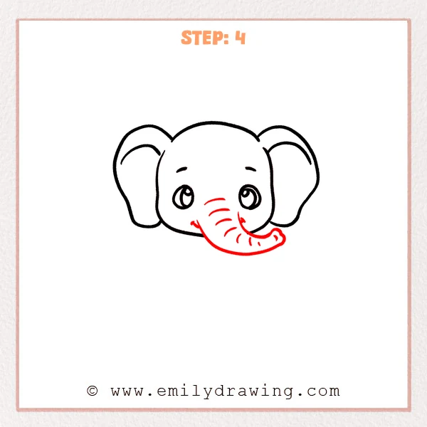 how to draw a cartoon elephant - Step 4 progression of the cartoon elephant drawing after the "draw the trunk" stage.