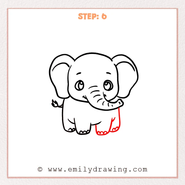how to draw a cartoon elephant - Step 6 progression of the cartoon elephant drawing after the "finish the legs" stage.