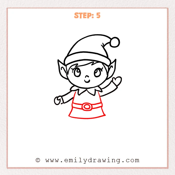 how to draw a cartoon elf - Step 5 progression of the cartoon elf drawing after the "build the tunic" stage.