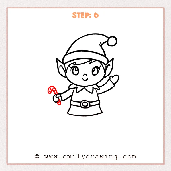 how to draw a cartoon elf - Step 6 progression of the cartoon elf drawing after the "add the candy cane" stage.