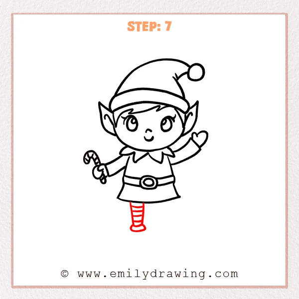 how to draw a cartoon elf - Step 7 progression of the cartoon elf drawing after the "draw the first leg" stage.