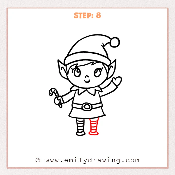 how to draw a cartoon elf - Step 8 progression of the cartoon elf drawing after the "draw the second leg" stage.