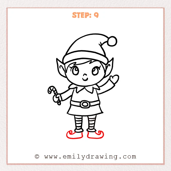 how to draw a cartoon elf - Step 9 progression of the cartoon elf drawing after the "finish with curled shoes" stage.