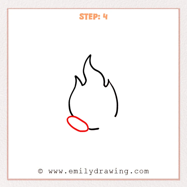 how to draw a cartoon flame - Step 4 progression of the cartoon flame drawing after the "draw the left foot" stage.