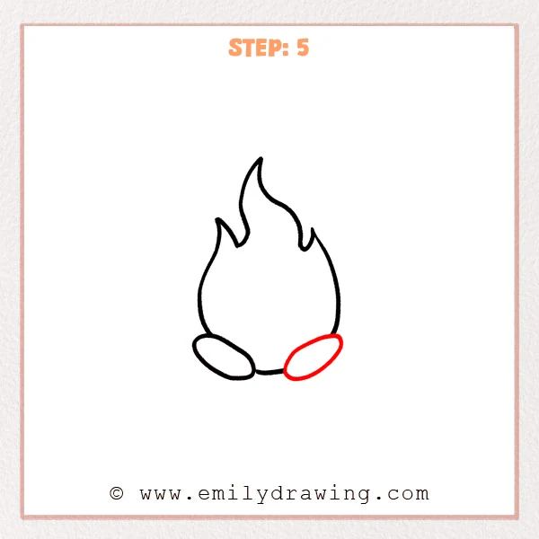 how to draw a cartoon flame - Step 5 progression of the cartoon flame drawing after the "draw the right foot" stage.