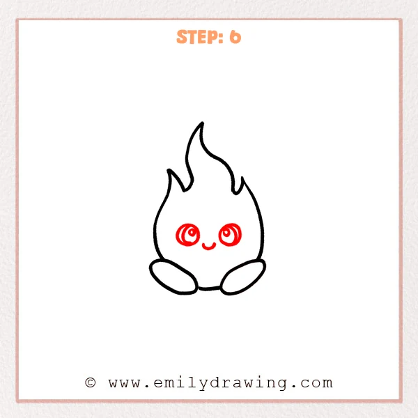 how to draw a cartoon flame - Step 6 progression of the cartoon flame drawing after the "add the face" stage.