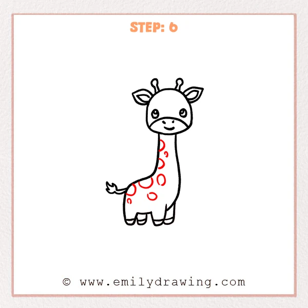 how to draw a cartoon giraffe - Step 6 progression of the cartoon giraffe drawing after the "finish with spots" stage.