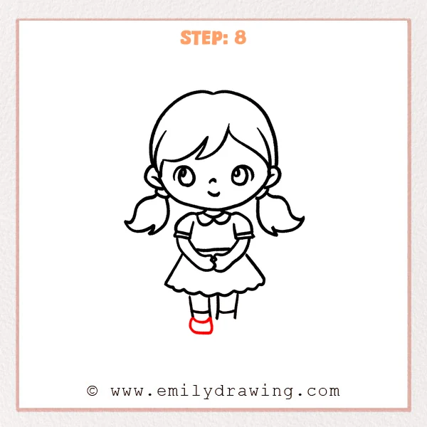 how to draw a cartoon girl - Step 8 progression of the cartoon girl drawing after the "draw the first shoe" stage.