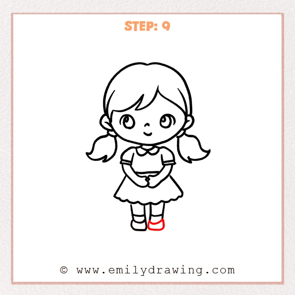 how to draw a cartoon girl - Step 9 progression of the cartoon girl drawing after the "finish the second shoe" stage.