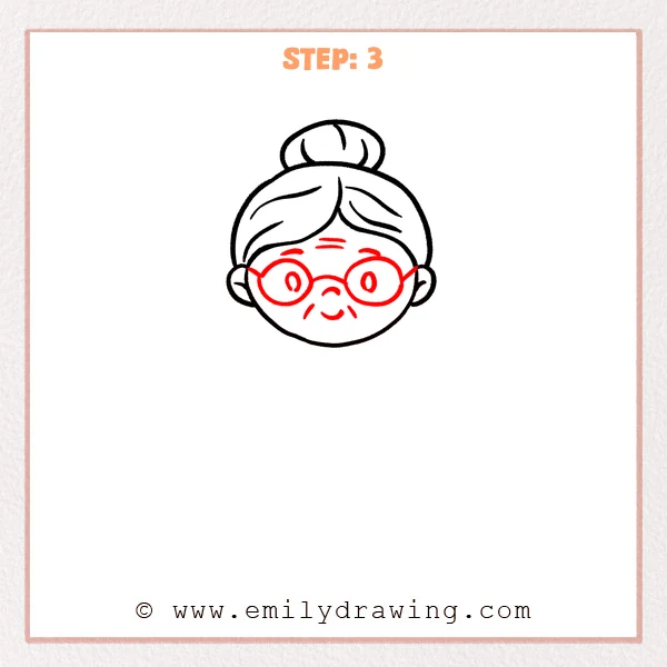 how to draw a cartoon grandma - Step 3 progression of the cartoon grandma drawing after the "add glasses and features" stage.