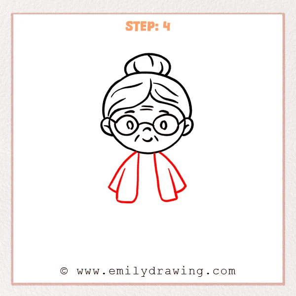 how to draw a cartoon grandma - Step 4 progression of the cartoon grandma drawing after the "draw the cardigan" stage.