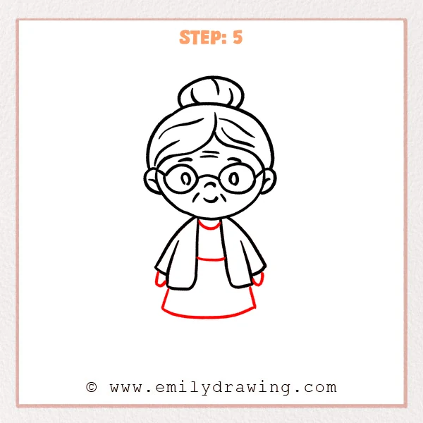 how to draw a cartoon grandma - Step 5 progression of the cartoon grandma drawing after the "add the dress" stage.