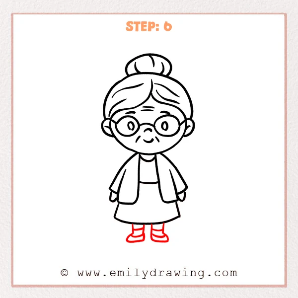 how to draw a cartoon grandma - Step 6 progression of the cartoon grandma drawing after the "finish with feet" stage.
