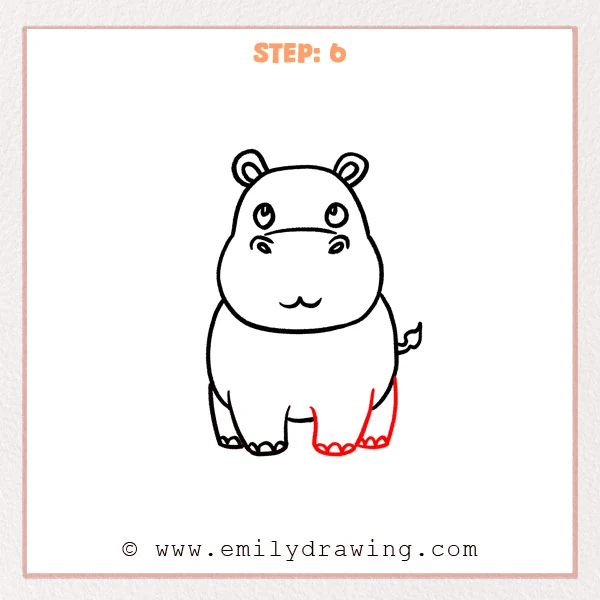 how to draw a cartoon hippo - Step 6 progression of the cartoon hippo drawing after the "finish the legs" stage.