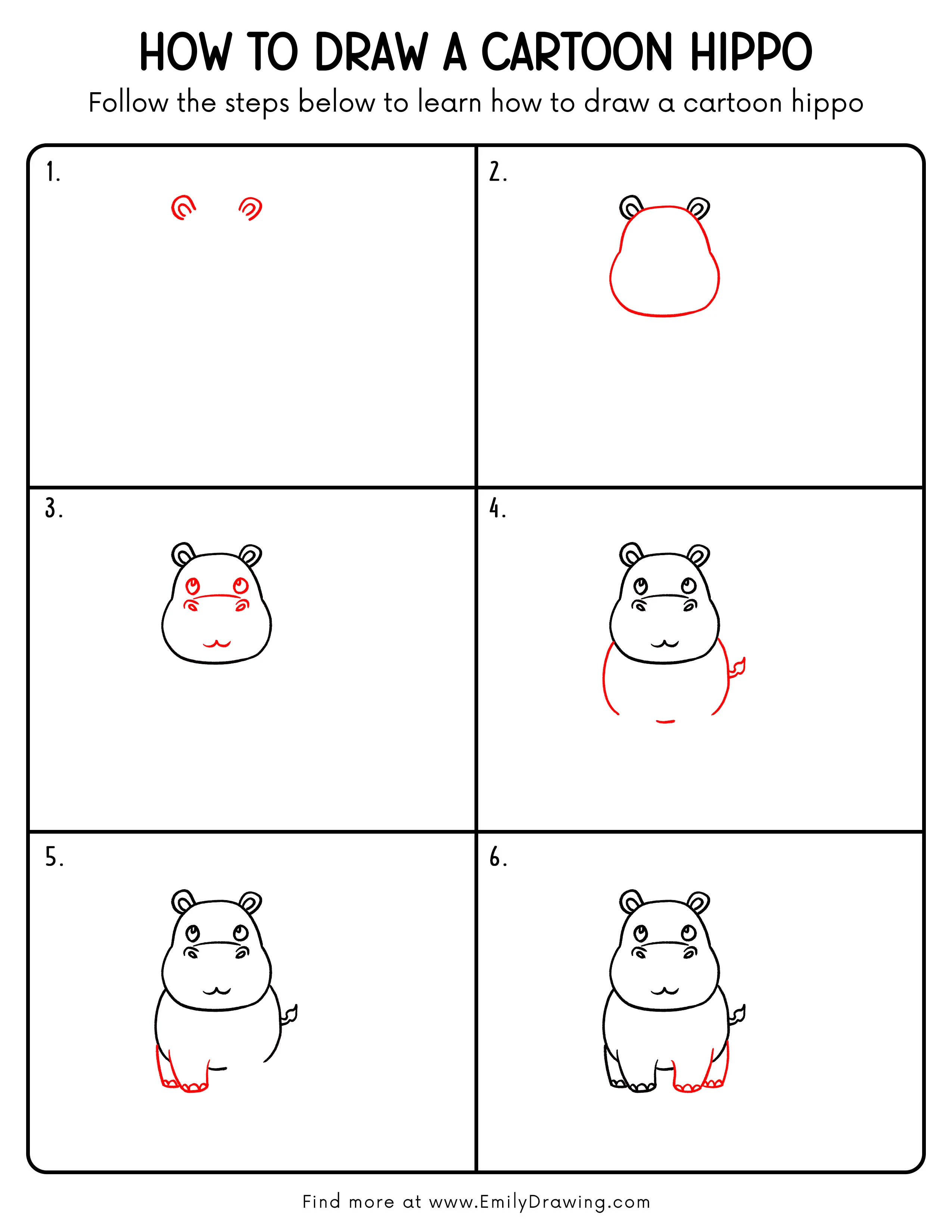 Printable Cartoon Hippo Drawing Guide