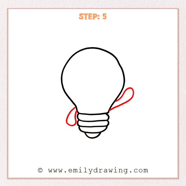how to draw a cartoon light bulb - Step 5 of the cartoon light bulb drawing adds a short downward-curving left arm and a longer raised right arm.