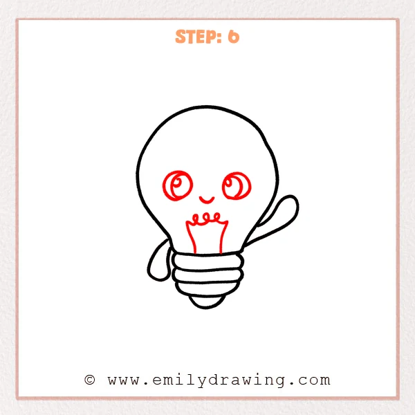 how to draw a cartoon light bulb - Step 6 progression of the cartoon light bulb drawing after the "add the face and filament" stage.