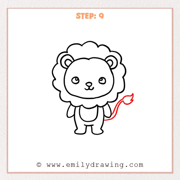 how to draw a cartoon lion - Step 9 progression of the cartoon lion drawing after the "finish with the tail" stage.
