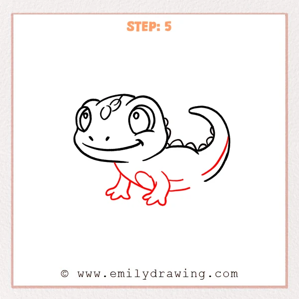 how to draw a cartoon lizard - Step 5 progression of the cartoon lizard drawing after the "draw the front legs" stage.