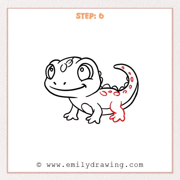 how to draw a cartoon lizard - Step 6 progression of the cartoon lizard drawing after the "finish the hind leg and spots" stage.