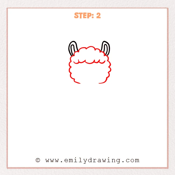 how to draw a cartoon llama - Step 2 progression of the cartoon llama drawing after the "build the woolly head" stage.