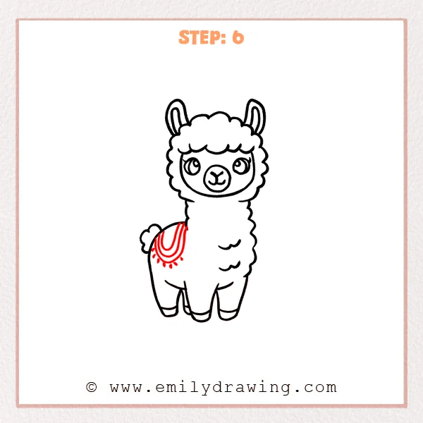 how to draw a cartoon llama - Step 6 progression of the cartoon llama drawing after the "finish with a blanket" stage.