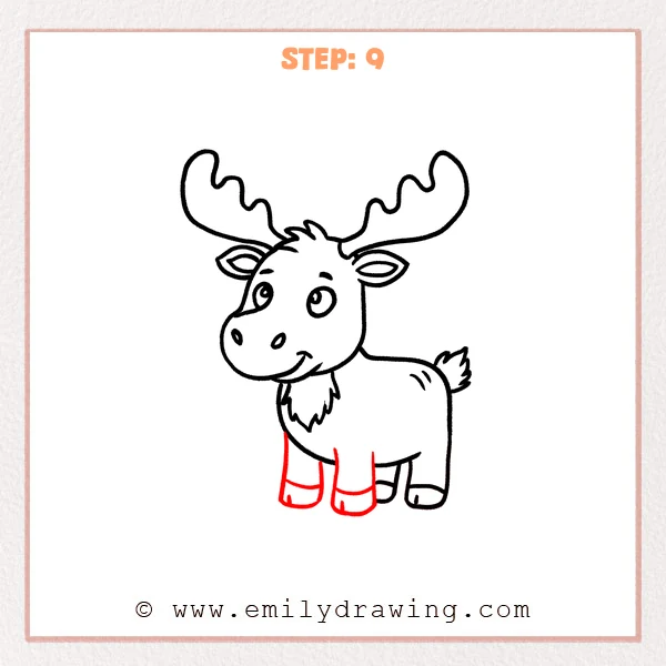 how to draw a cartoon moose - Step 9 progression of the cartoon moose drawing after the "finish the front legs" stage.