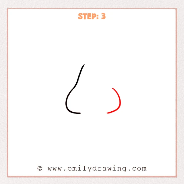 how to draw a cartoon nose - Cartoon nose Step 3 showing a separate curved right wing.