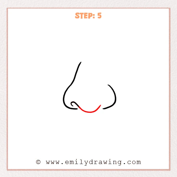 how to draw a cartoon nose - Cartoon nose Step 5 showing a rounded bottom curve forming the nose tip.