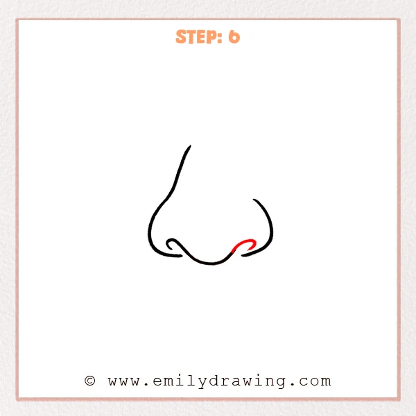 how to draw a cartoon nose - Cartoon nose Step 6 showing the right nostril curl completing the cartoon nose.