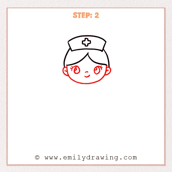 how to draw a cartoon nurse - Cartoon nurse Step 2 showing the rounded face, ears, eyes, nose, and smile.