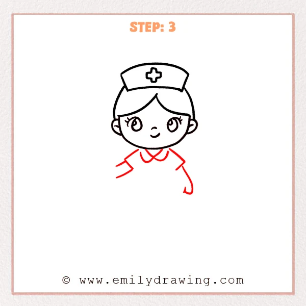 how to draw a cartoon nurse - Cartoon nurse Step 3 showing a crossed collar, sleeves, and curved arms.
